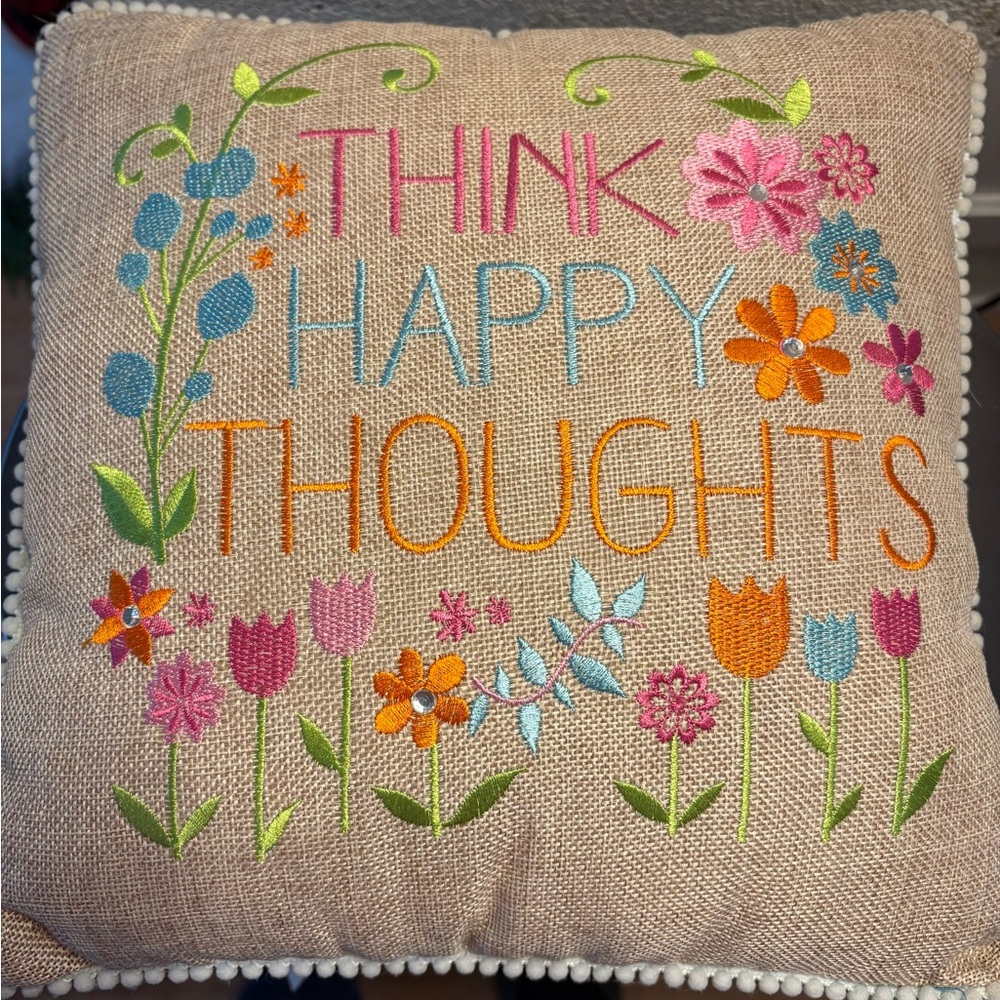 Embroidered on Burlap Floral Pillow